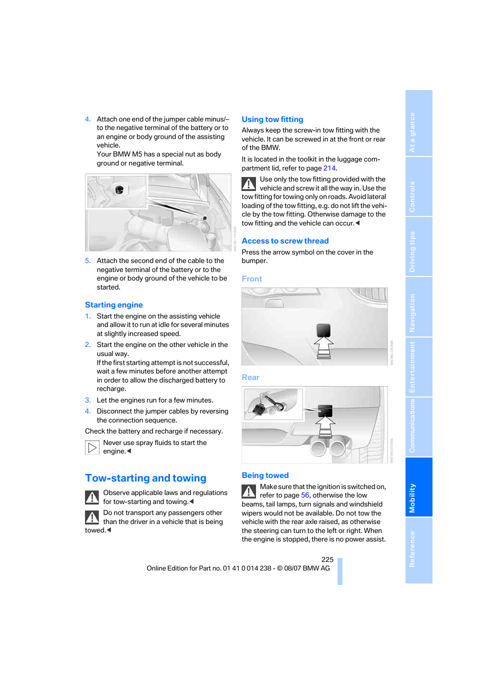 Tow-starting and towing | BMW M5 Sedan 2008 User Manual | Page 227 / 260