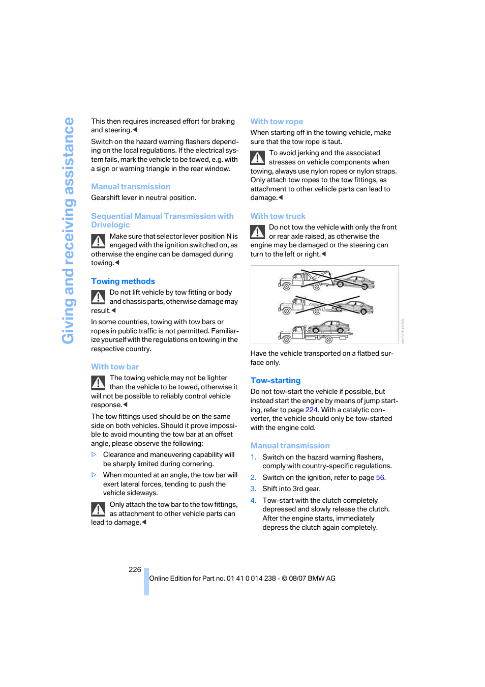 Giving and receiv ing as sistance | BMW M5 Sedan 2008 User Manual | Page 228 / 260