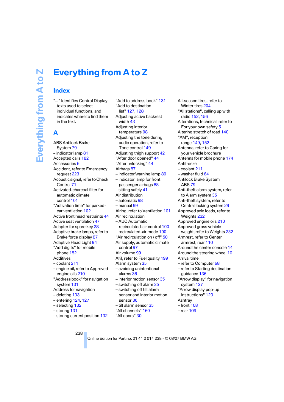 Everything from a to z, Index | BMW M5 Sedan 2008 User Manual | Page 240 / 260