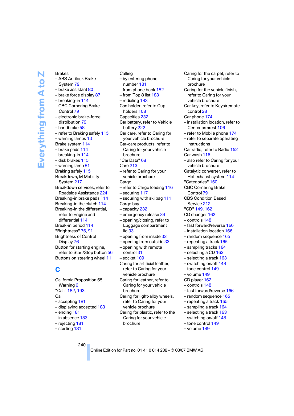 Everything from a to z | BMW M5 Sedan 2008 User Manual | Page 242 / 260