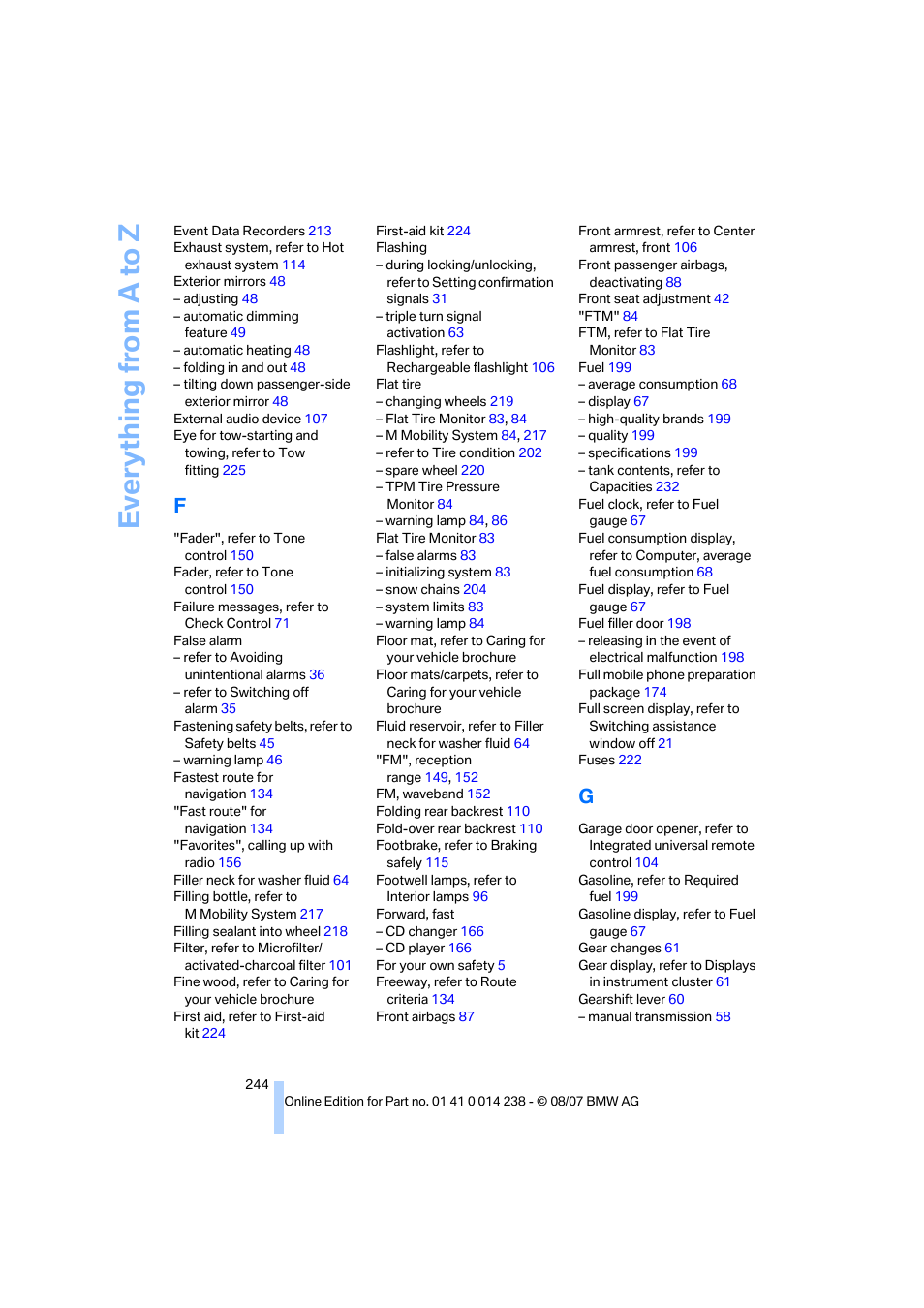 Everything from a to z | BMW M5 Sedan 2008 User Manual | Page 246 / 260