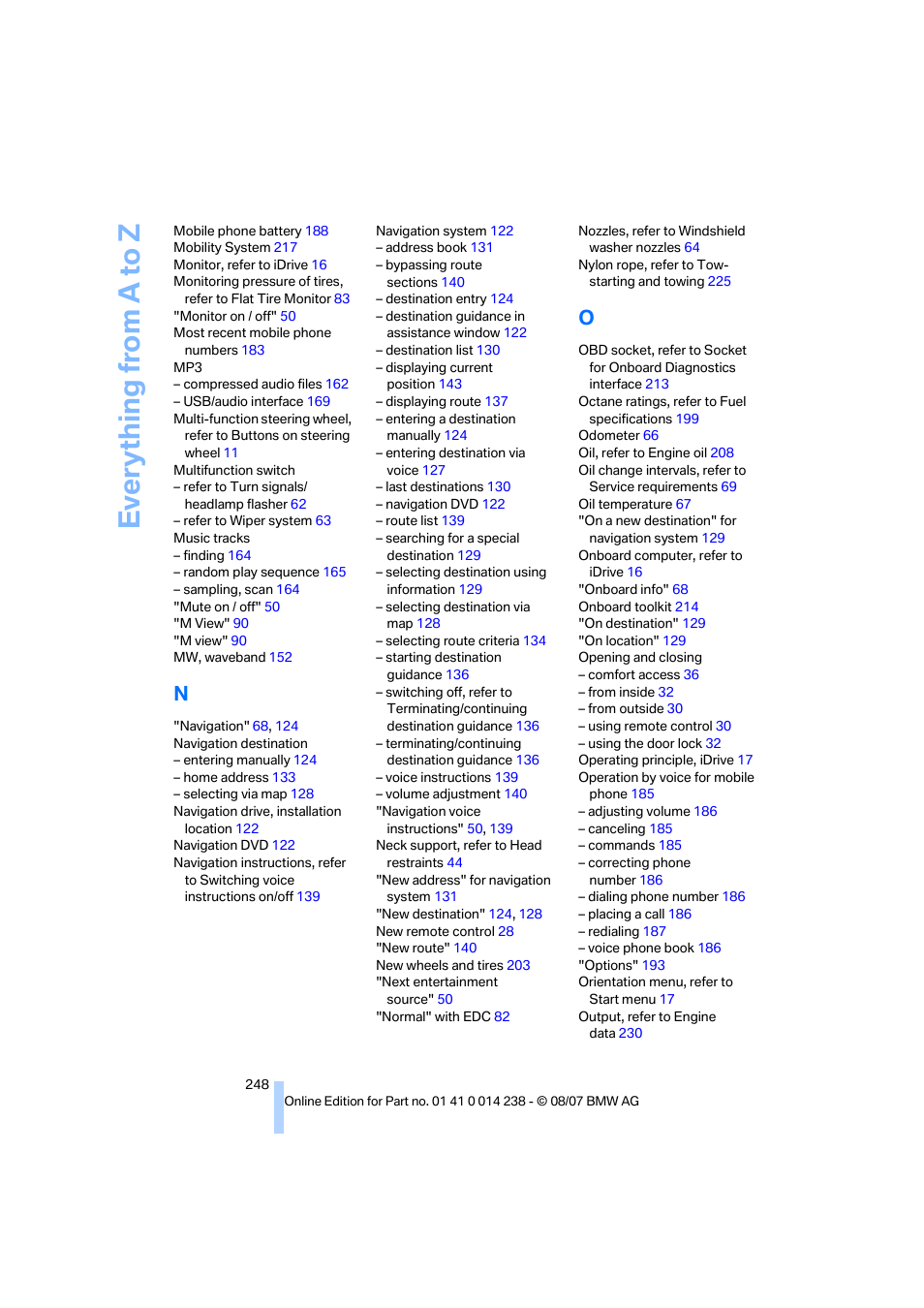 Everything from a to z | BMW M5 Sedan 2008 User Manual | Page 250 / 260