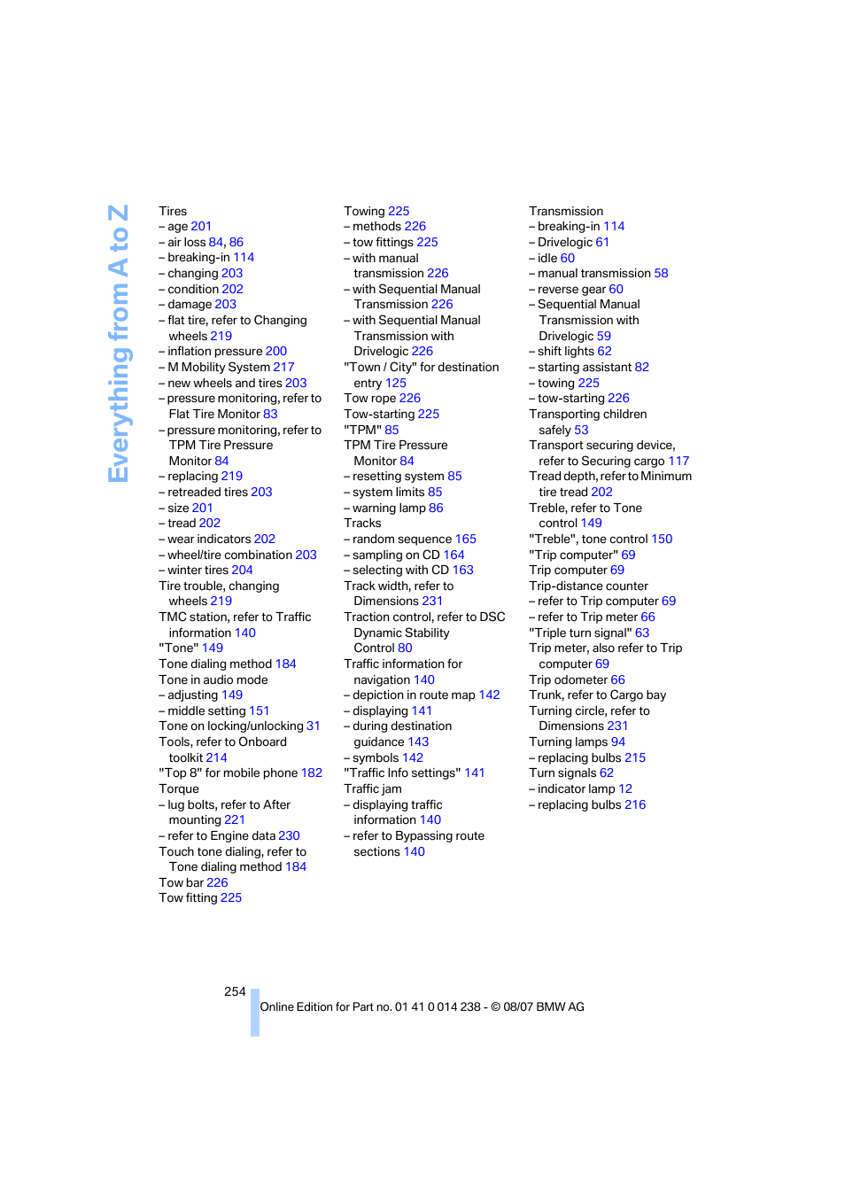 Everything from a to z | BMW M5 Sedan 2008 User Manual | Page 256 / 260
