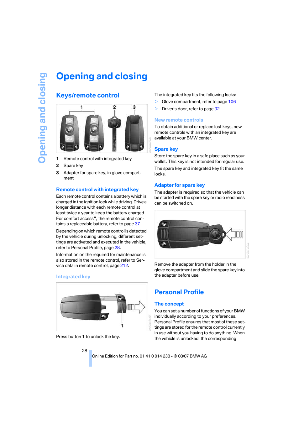 Opening and closing, Keys/remote control, Personal profile | BMW M5 Sedan 2008 User Manual | Page 30 / 260