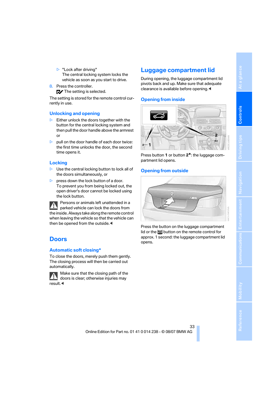 Doors, Luggage compartment lid | BMW M5 Sedan 2008 User Manual | Page 35 / 260