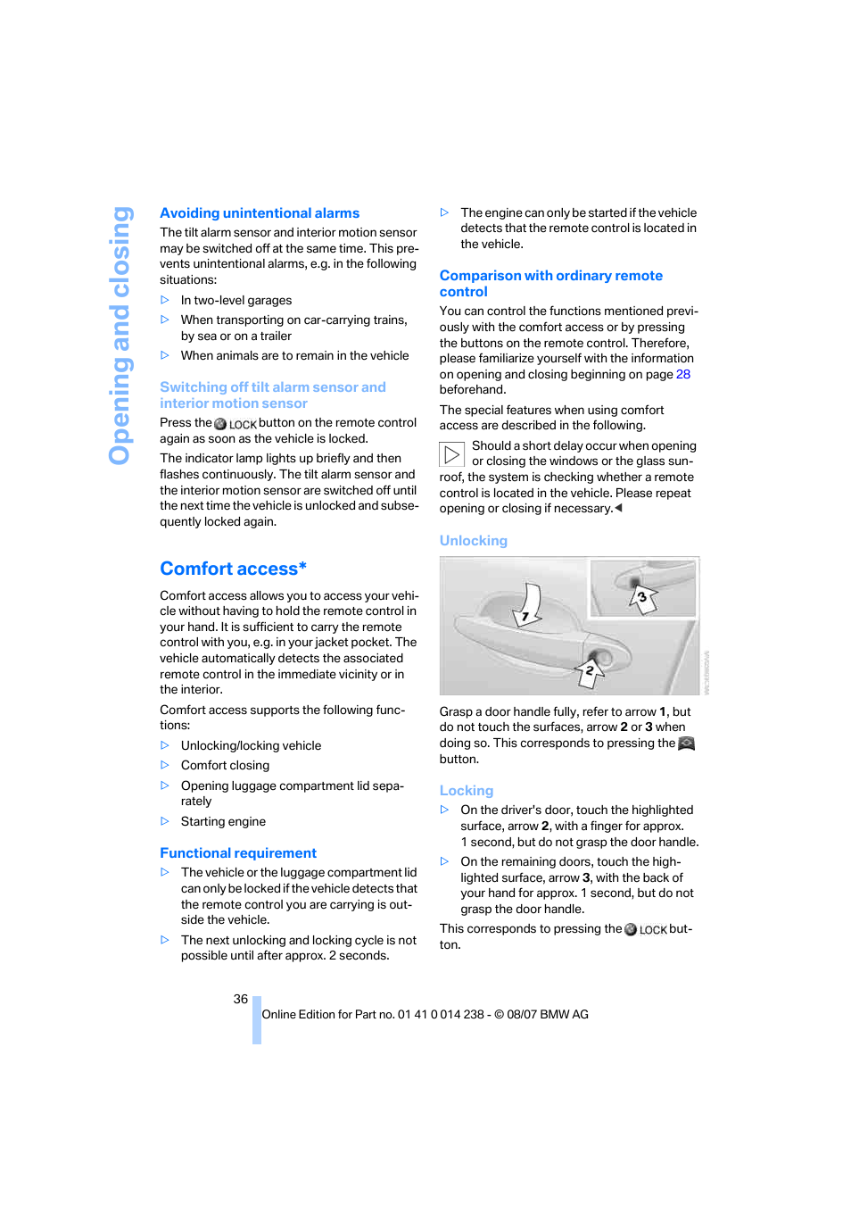 Comfort access, Opening and closing | BMW M5 Sedan 2008 User Manual | Page 38 / 260