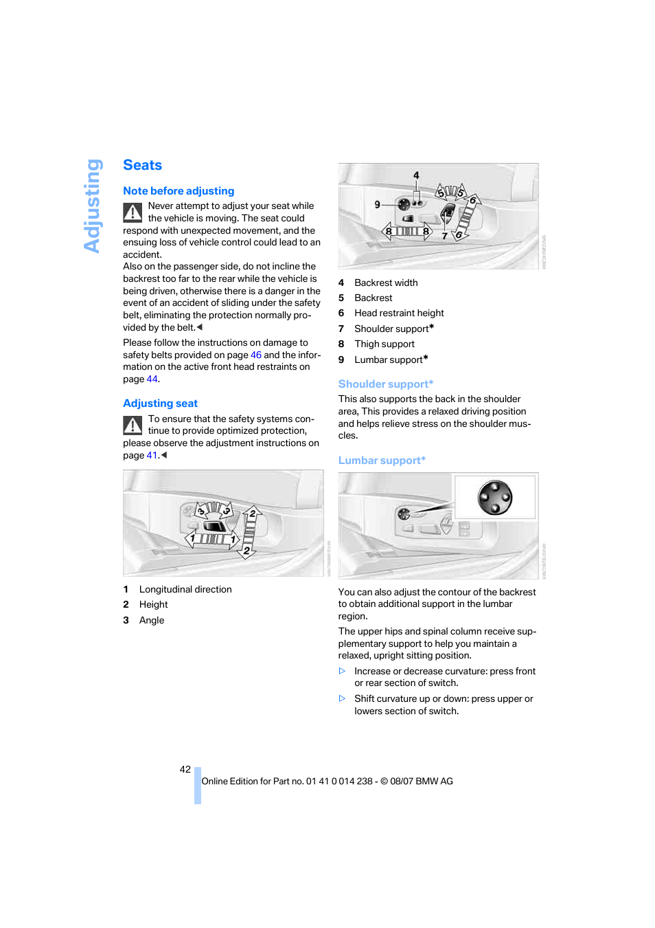 Seats, Adju sting | BMW M5 Sedan 2008 User Manual | Page 44 / 260