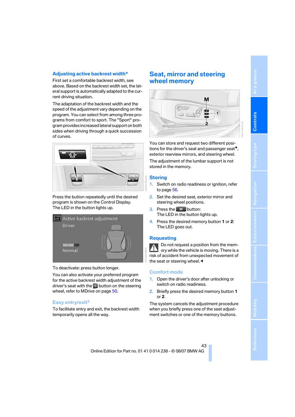 Seat, mirror and steering wheel memory | BMW M5 Sedan 2008 User Manual | Page 45 / 260