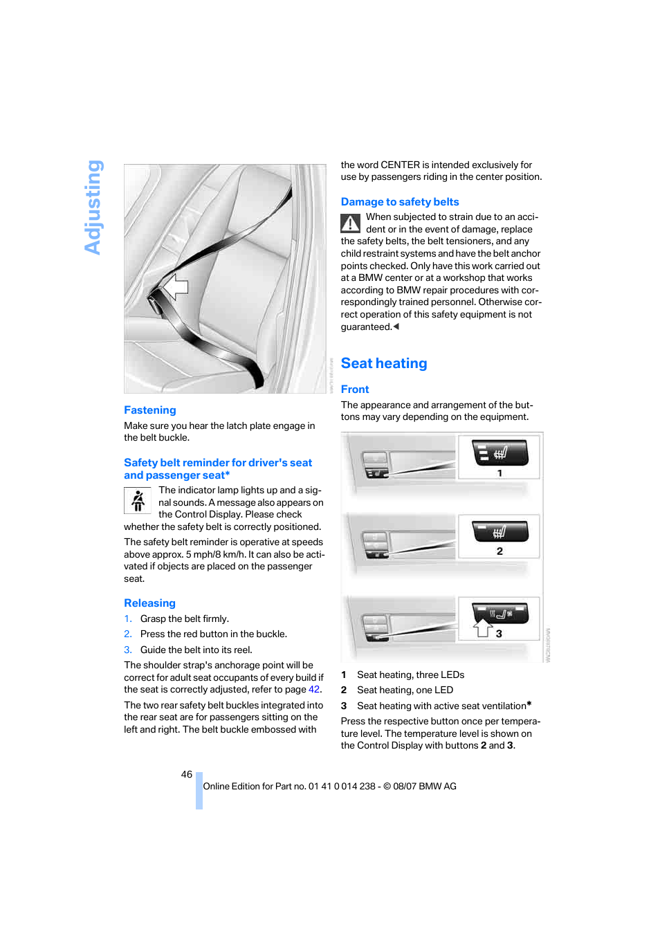 Seat heating, Adju sting | BMW M5 Sedan 2008 User Manual | Page 48 / 260