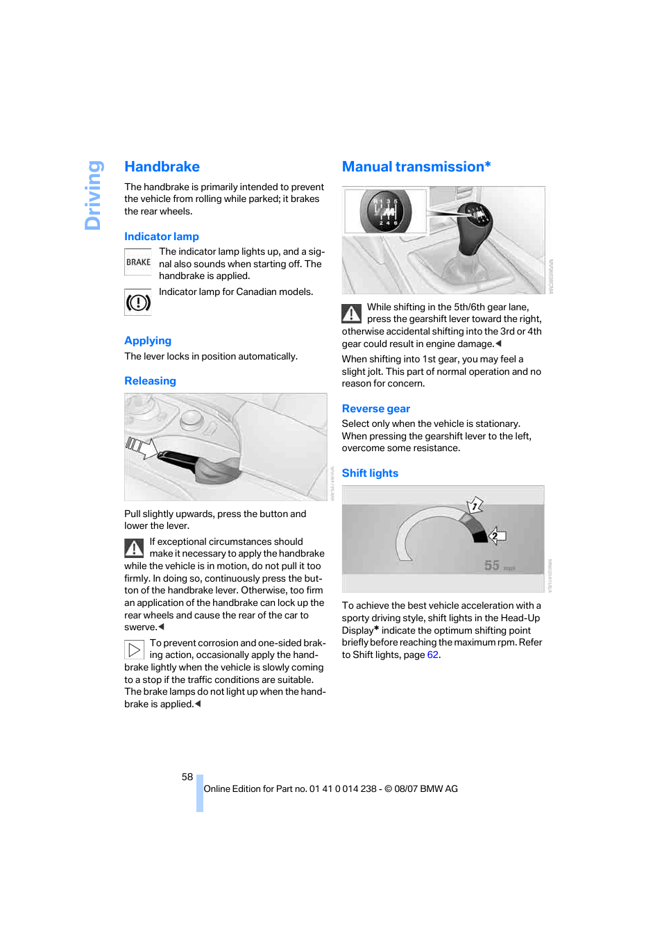 Handbrake, Manual transmission, Driving | BMW M5 Sedan 2008 User Manual | Page 60 / 260