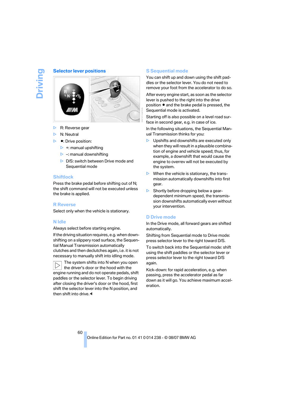 Driving | BMW M5 Sedan 2008 User Manual | Page 62 / 260