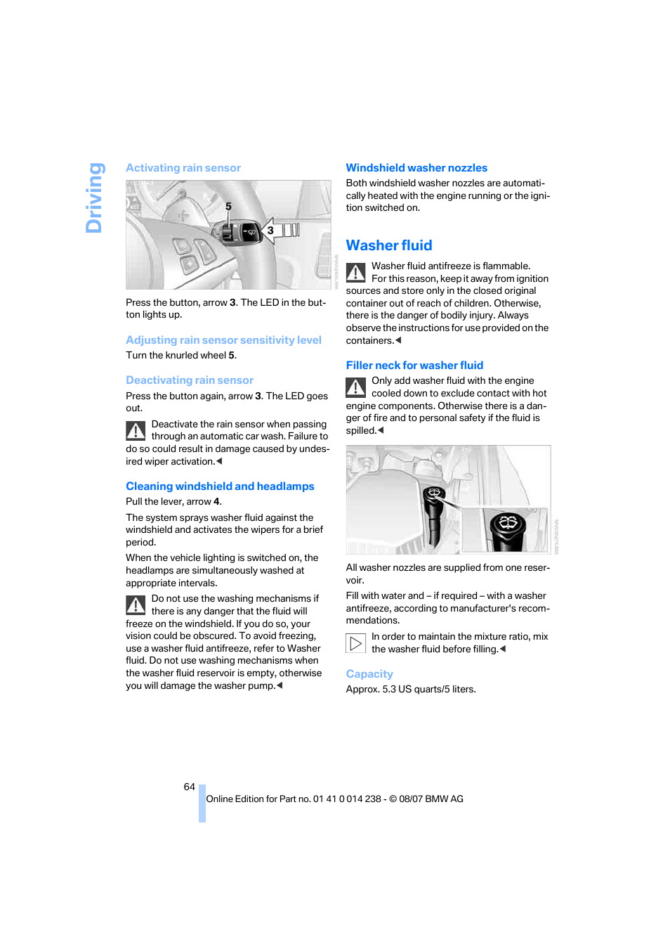 Washer fluid, Driving | BMW M5 Sedan 2008 User Manual | Page 66 / 260