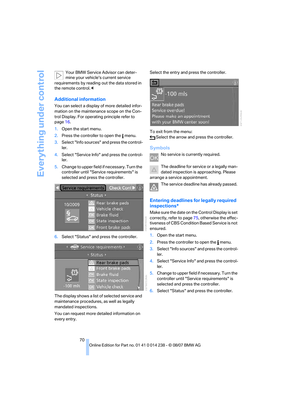 Eve ryth ing un de r co nt rol | BMW M5 Sedan 2008 User Manual | Page 72 / 260