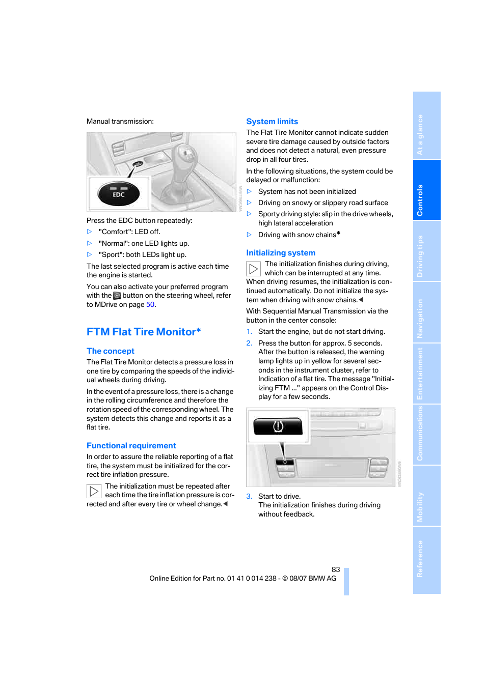 Ftm flat tire monitor | BMW M5 Sedan 2008 User Manual | Page 85 / 260