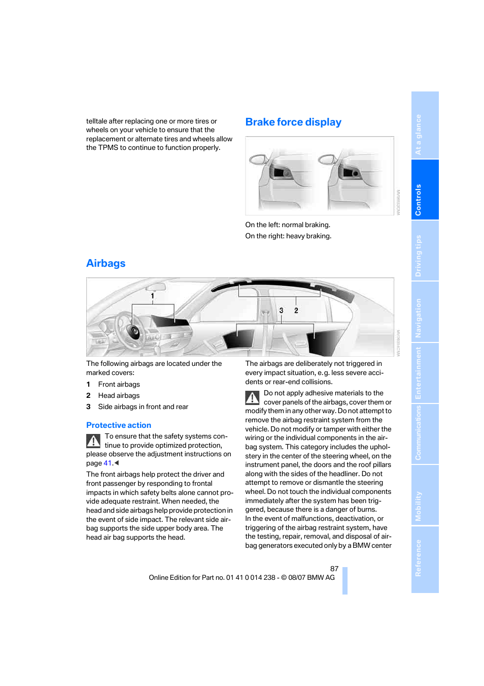 Brake force display, Airbags | BMW M5 Sedan 2008 User Manual | Page 89 / 260