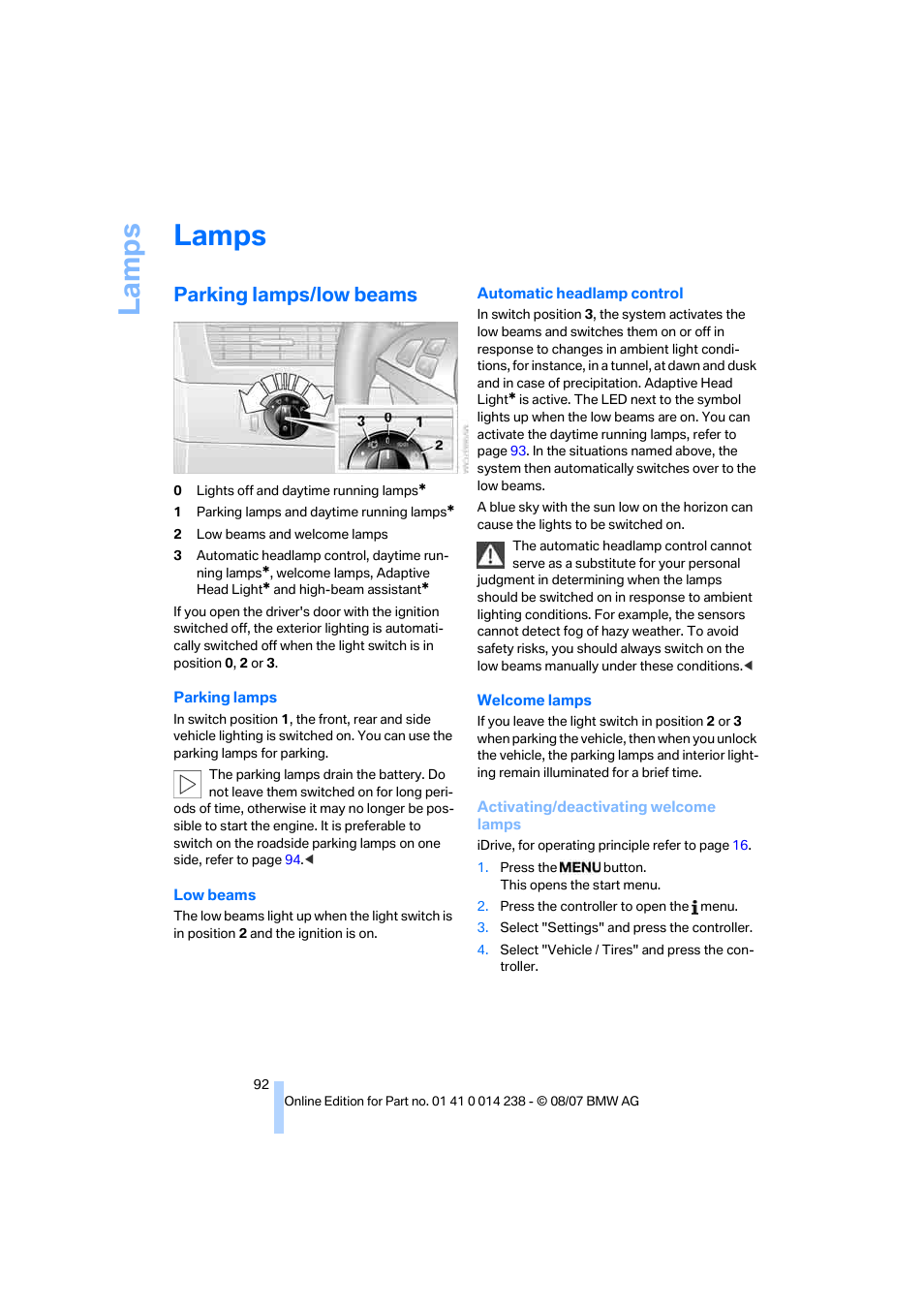 Lamps, Parking lamps/low beams, La mp s | BMW M5 Sedan 2008 User Manual | Page 94 / 260