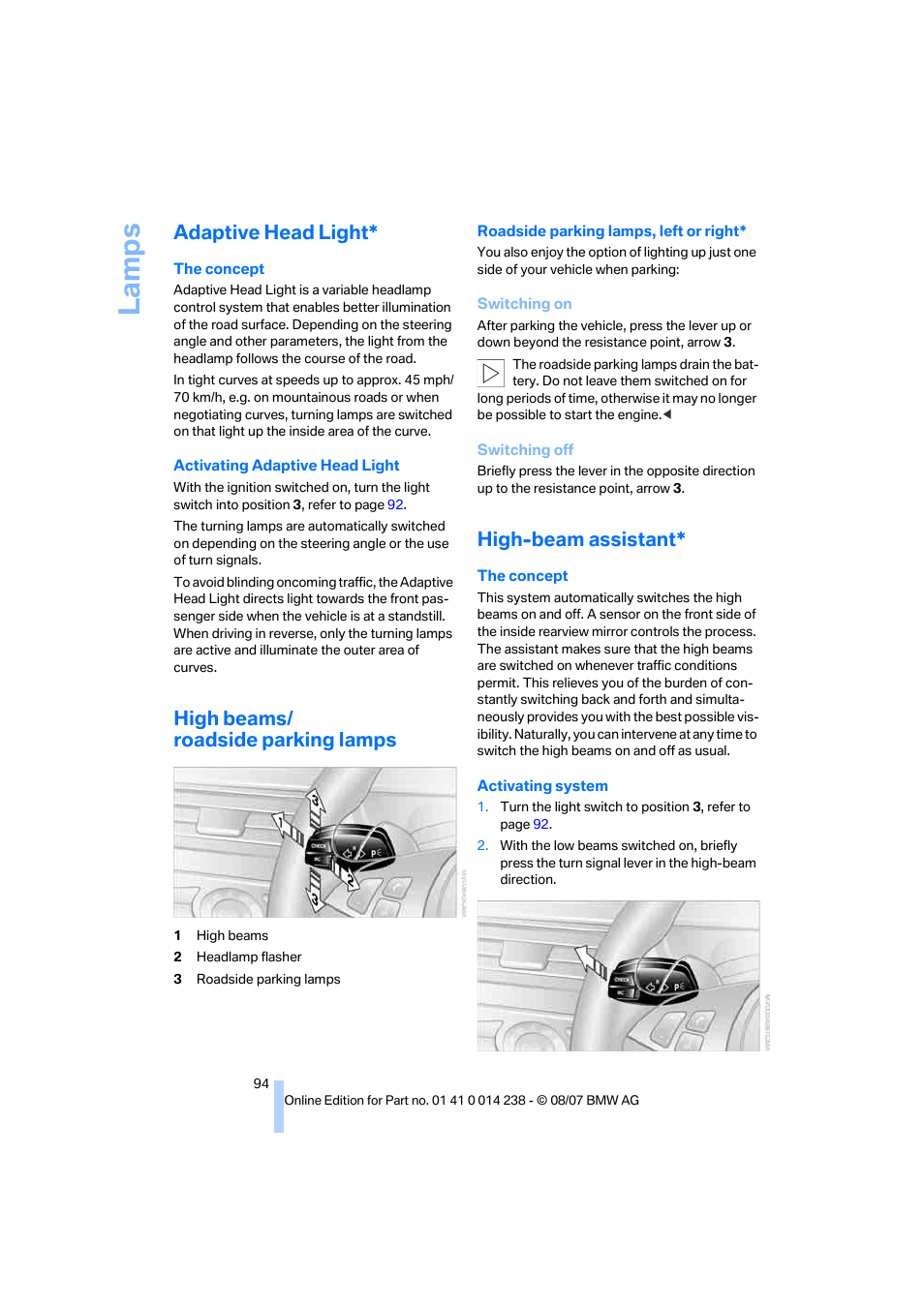 Adaptive head light, High beams/ roadside parking lamps, High-beam assistant | La mp s | BMW M5 Sedan 2008 User Manual | Page 96 / 260