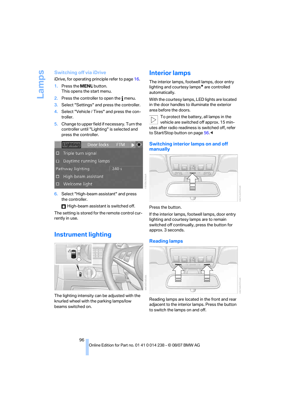 Instrument lighting, Interior lamps, La mp s | BMW M5 Sedan 2008 User Manual | Page 98 / 260