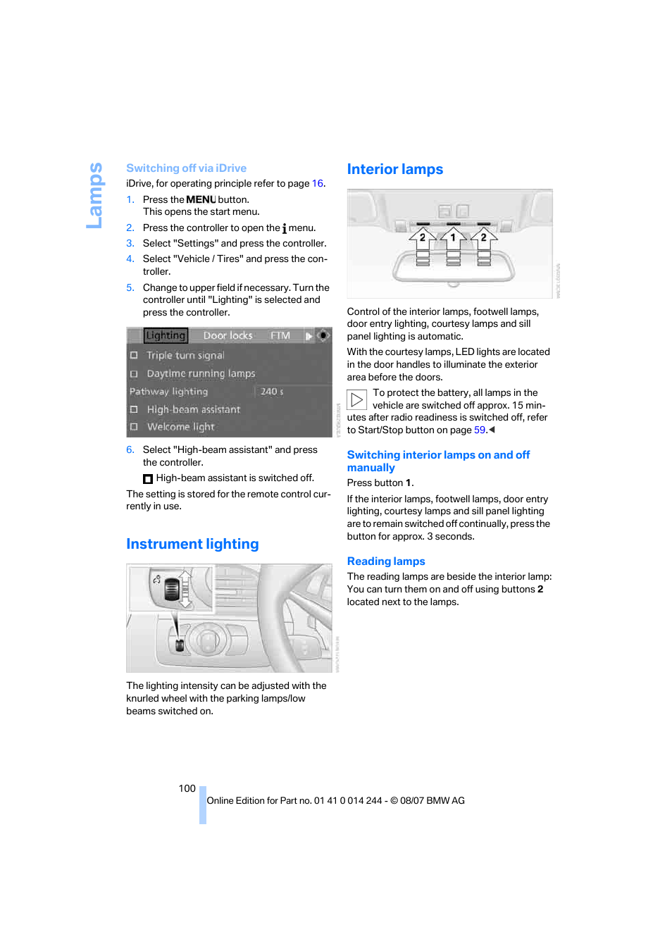 Instrument lighting, Interior lamps, La mp s | BMW M6 Convertible 2008 User Manual | Page 102 / 262