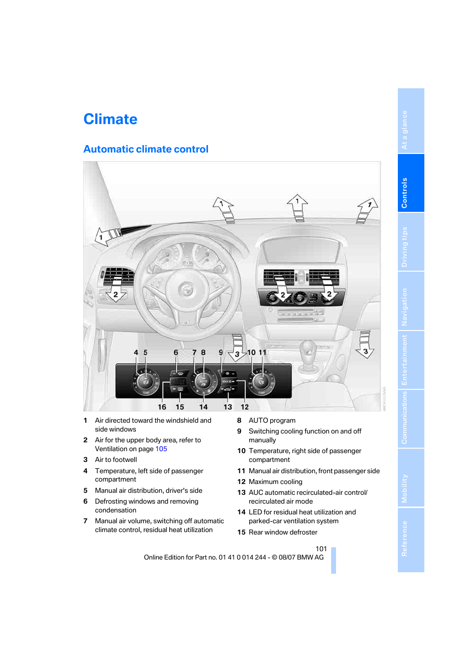 Climate, Automatic climate control | BMW M6 Convertible 2008 User Manual | Page 103 / 262