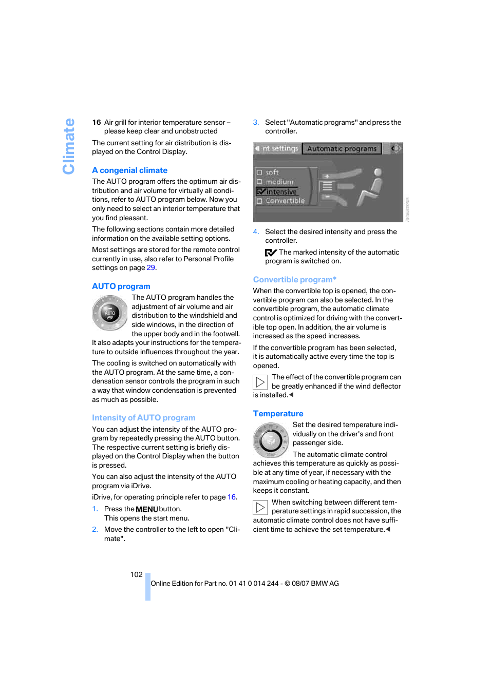 Climate | BMW M6 Convertible 2008 User Manual | Page 104 / 262