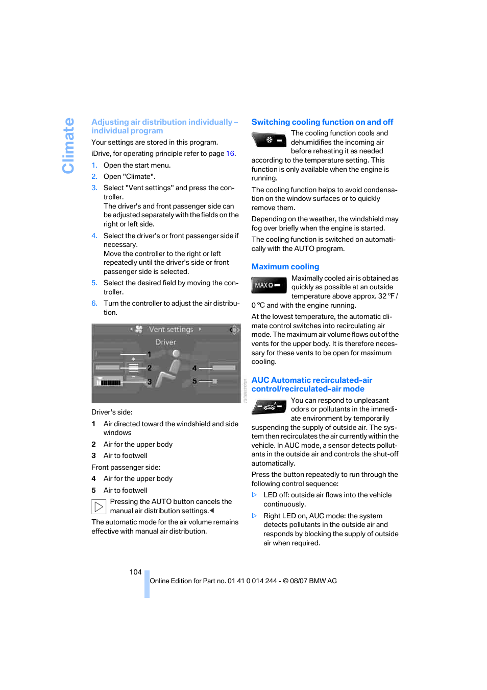 Climate | BMW M6 Convertible 2008 User Manual | Page 106 / 262