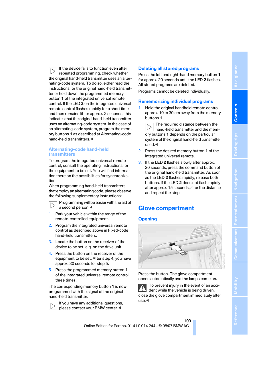 Glove compartment | BMW M6 Convertible 2008 User Manual | Page 111 / 262