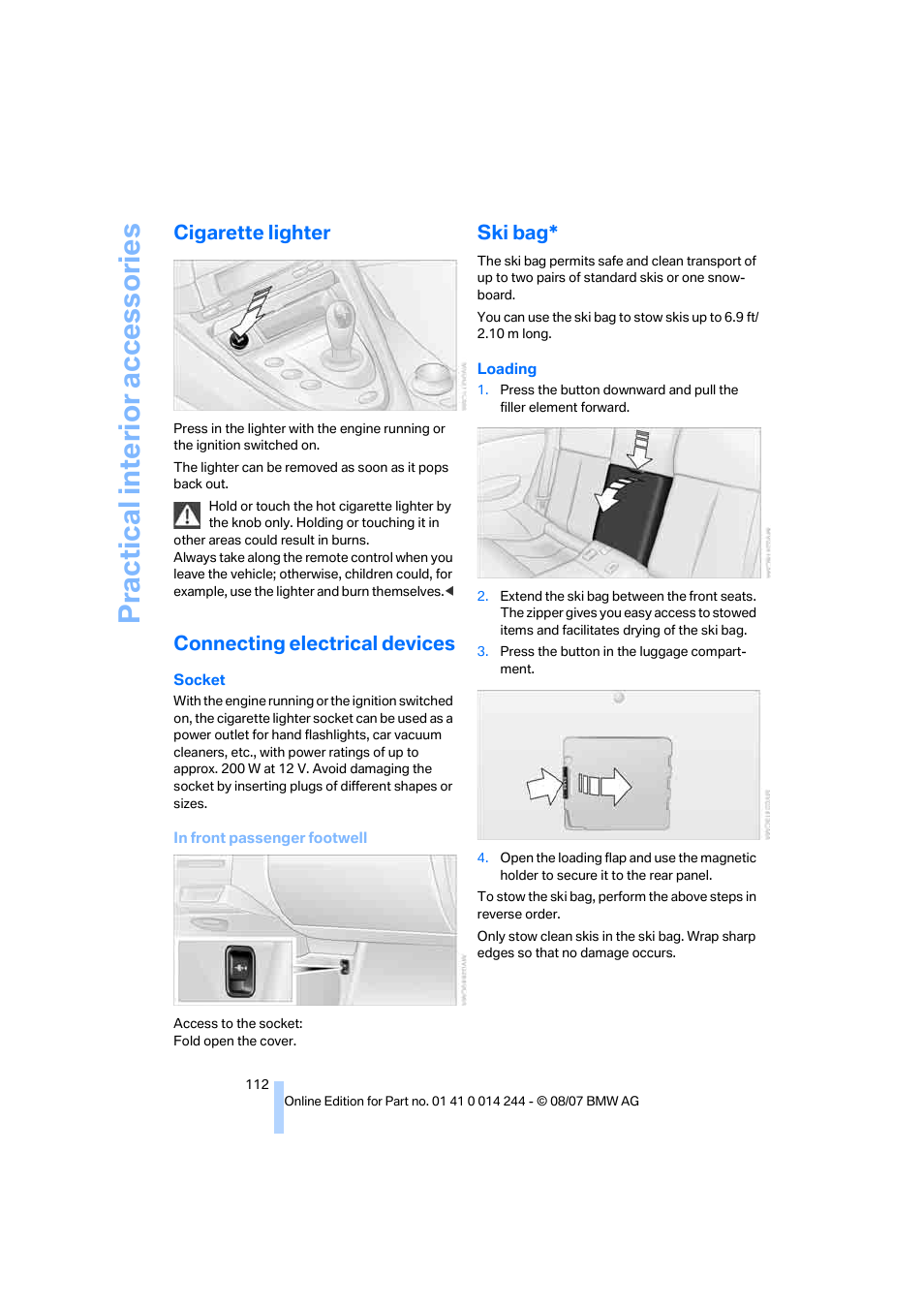 Cigarette lighter, Connecting electrical devices, Ski bag | Practical interi or acc ess orie s | BMW M6 Convertible 2008 User Manual | Page 114 / 262