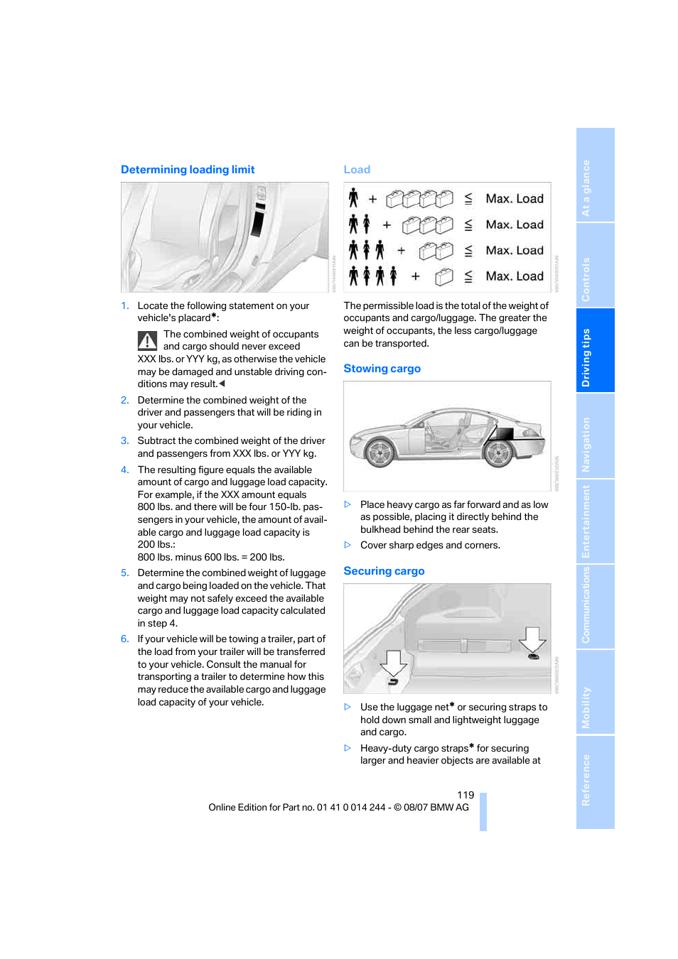 Securing cargo | BMW M6 Convertible 2008 User Manual | Page 121 / 262