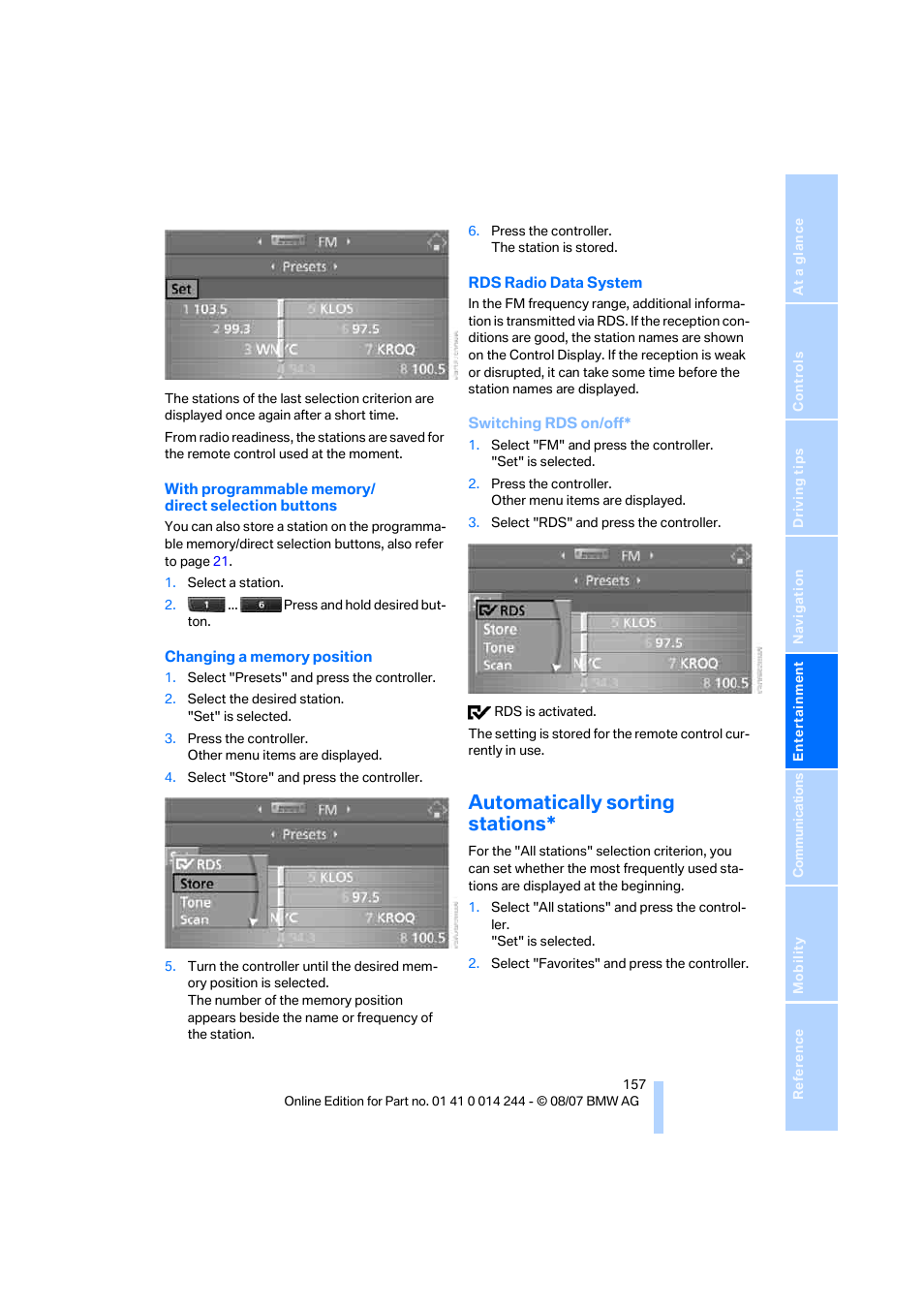 Automatically sorting stations | BMW M6 Convertible 2008 User Manual | Page 159 / 262