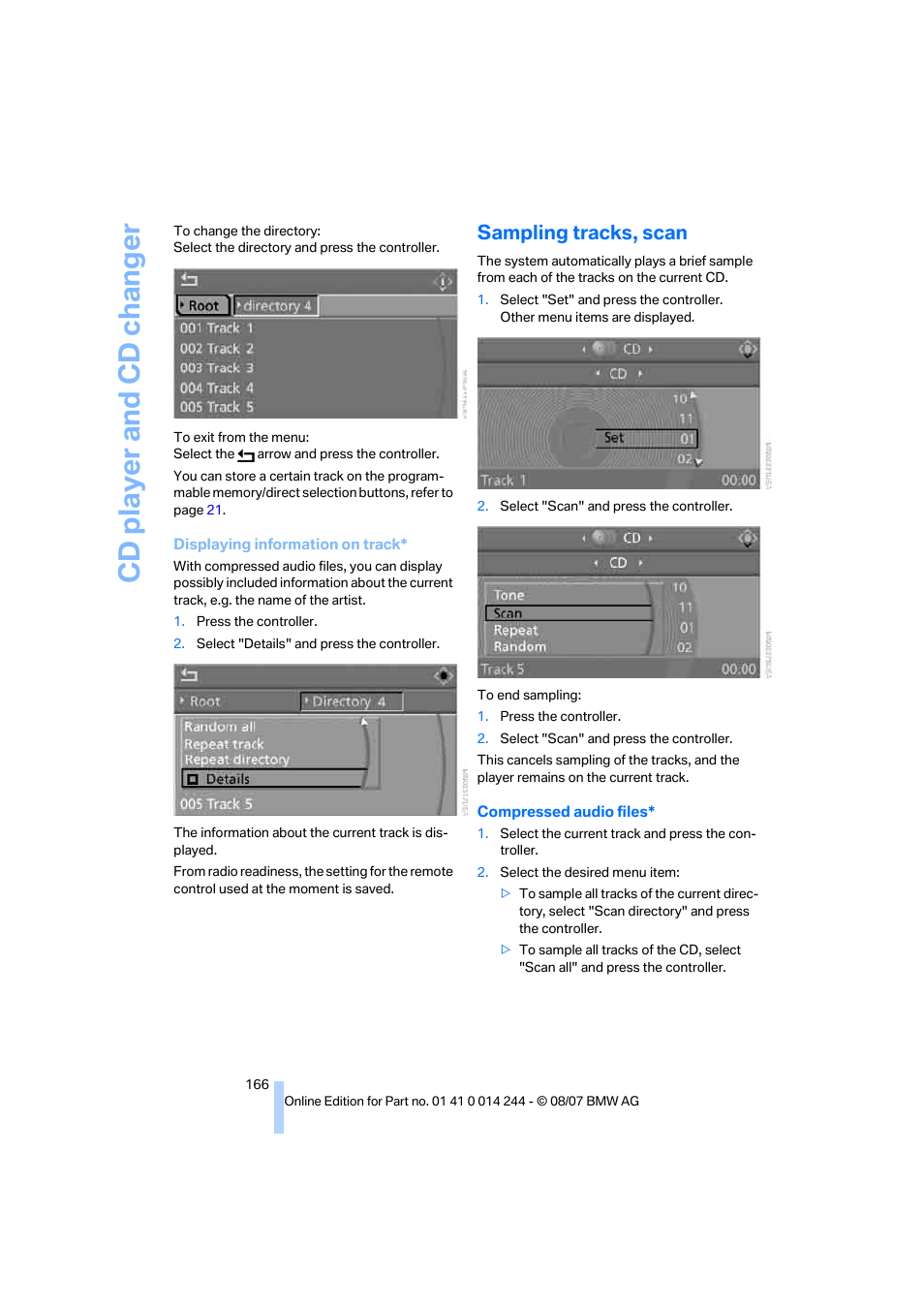 Sampling tracks, scan, Cd player and cd changer | BMW M6 Convertible 2008 User Manual | Page 168 / 262