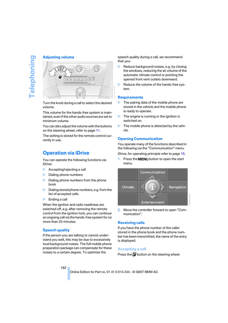 Operation via idrive, Telep h oning | BMW M6 Convertible 2008 User Manual | Page 184 / 262