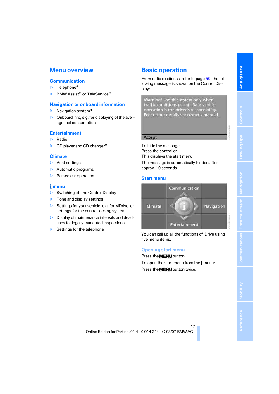 Menu overview, Basic operation | BMW M6 Convertible 2008 User Manual | Page 19 / 262
