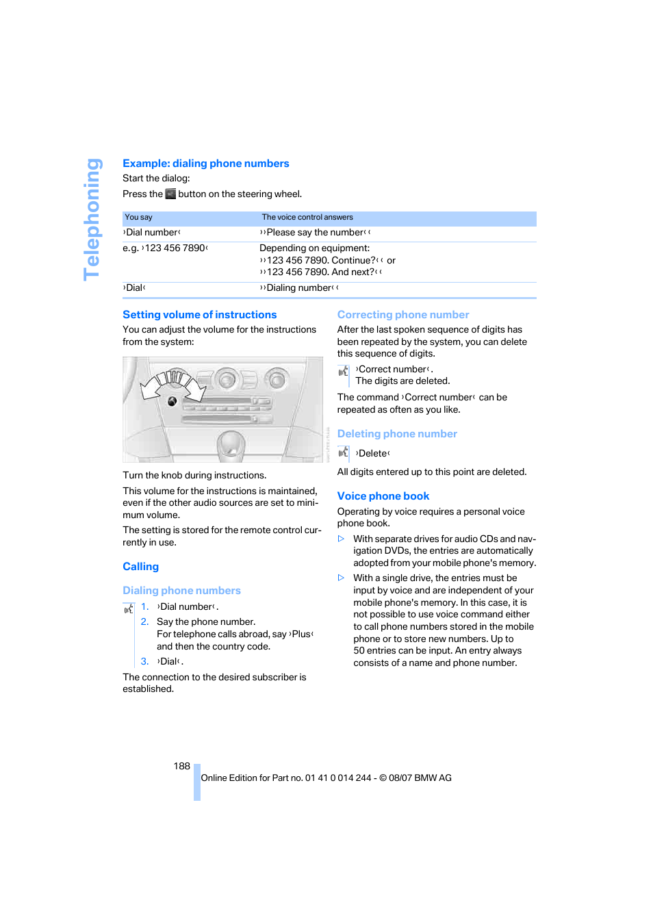 Telep h oning | BMW M6 Convertible 2008 User Manual | Page 190 / 262