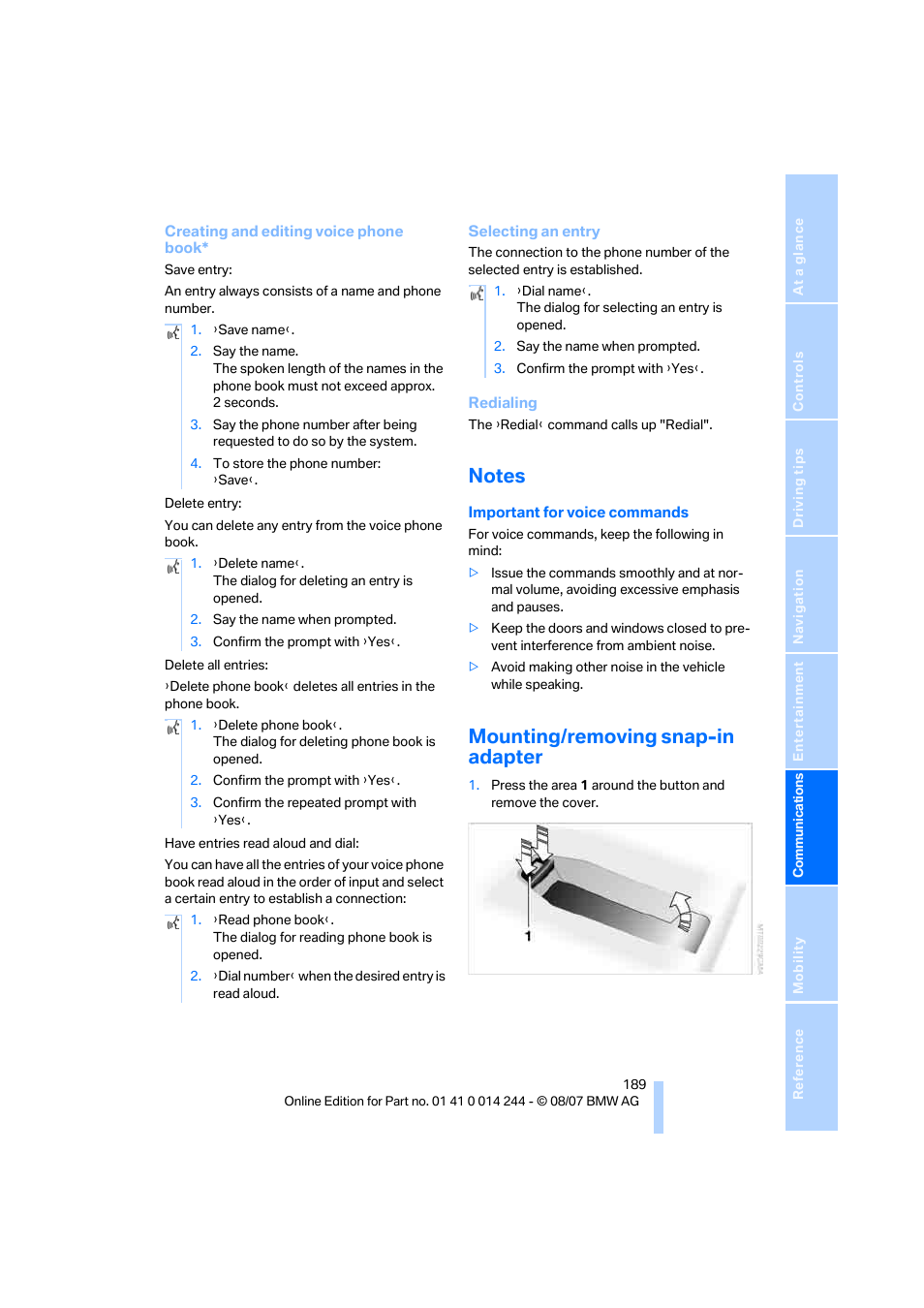 Notes, Mounting/removing snap-in adapter | BMW M6 Convertible 2008 User Manual | Page 191 / 262