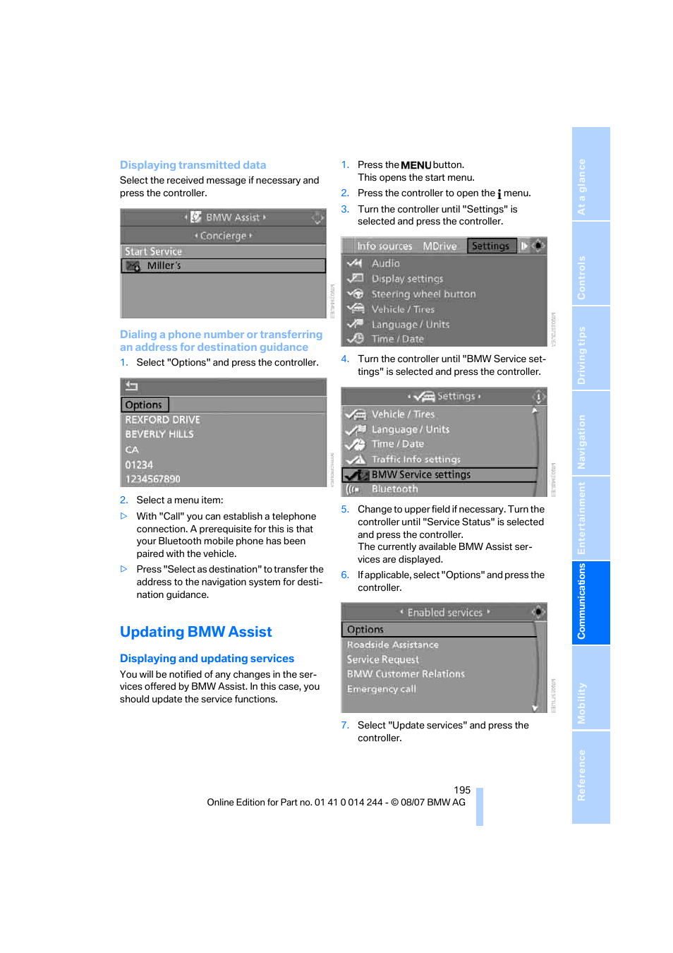 Updating bmw assist | BMW M6 Convertible 2008 User Manual | Page 197 / 262