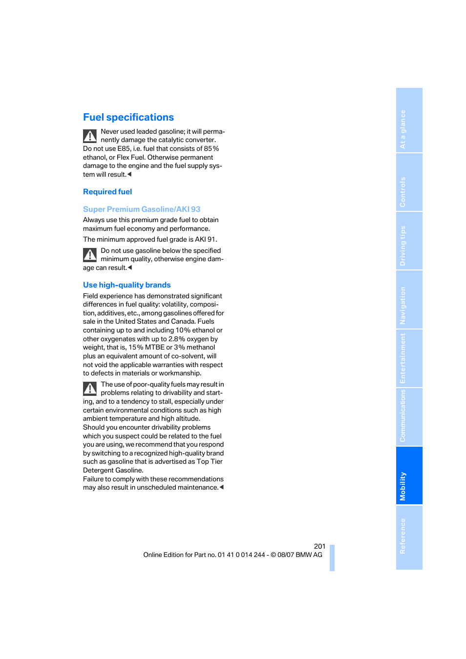 Fuel specifications | BMW M6 Convertible 2008 User Manual | Page 203 / 262
