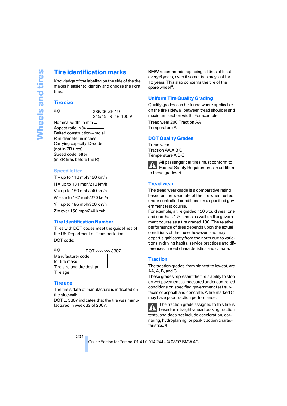 Tire identification marks, Wh eels and tire s | BMW M6 Convertible 2008 User Manual | Page 206 / 262