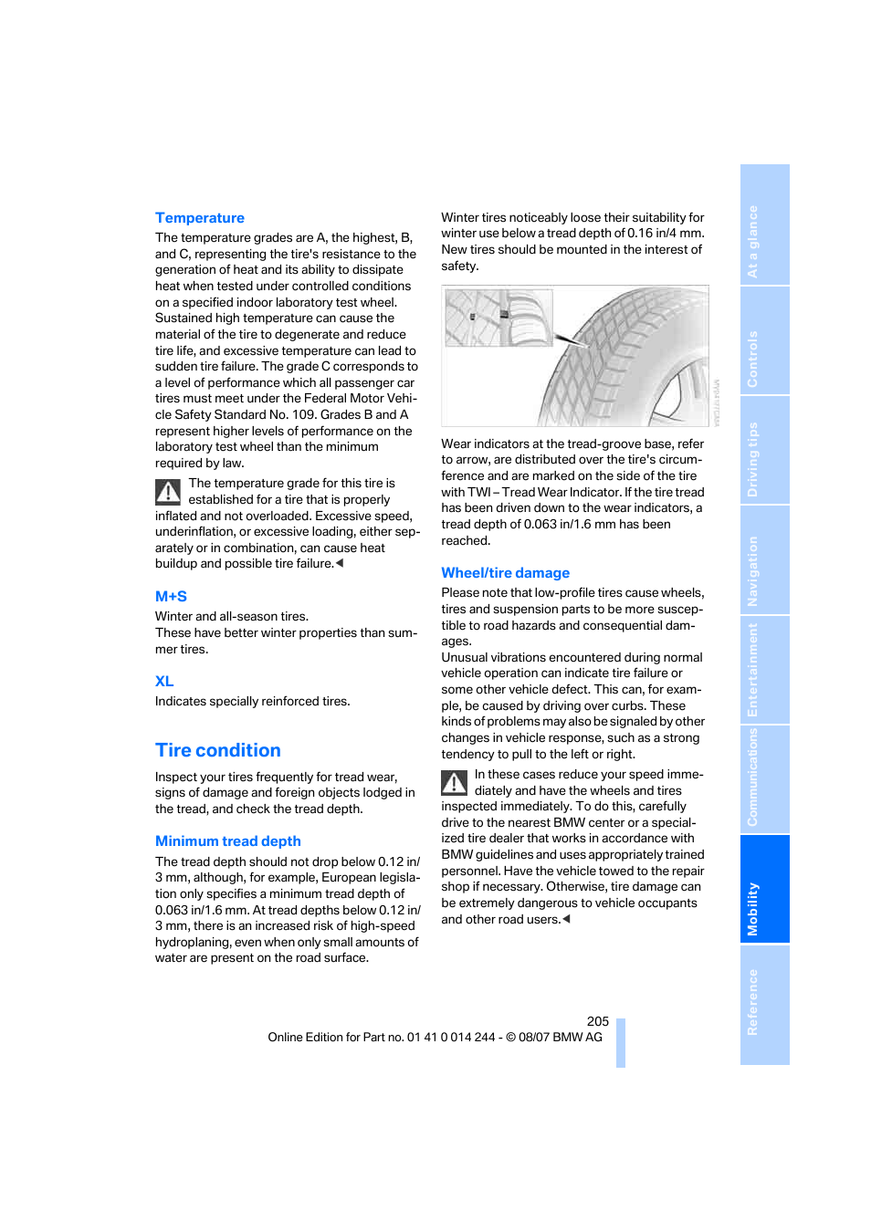 Tire condition | BMW M6 Convertible 2008 User Manual | Page 207 / 262