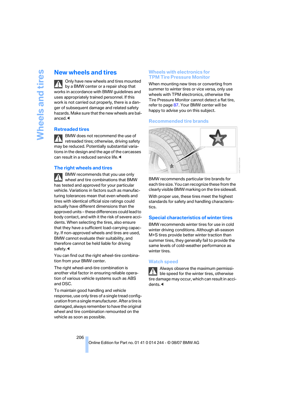New wheels and tires, Wh eels and tire s | BMW M6 Convertible 2008 User Manual | Page 208 / 262