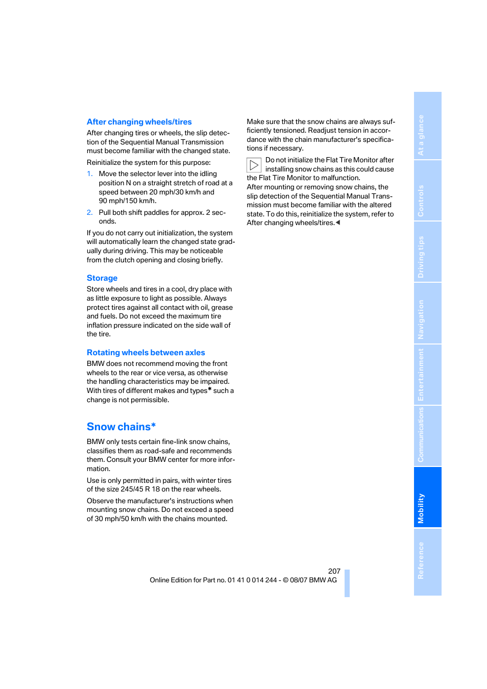 Snow chains | BMW M6 Convertible 2008 User Manual | Page 209 / 262