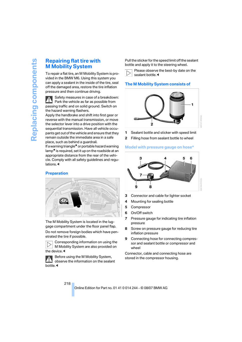 Repairing flat tire with m mobility system, Replacing components | BMW M6 Convertible 2008 User Manual | Page 220 / 262