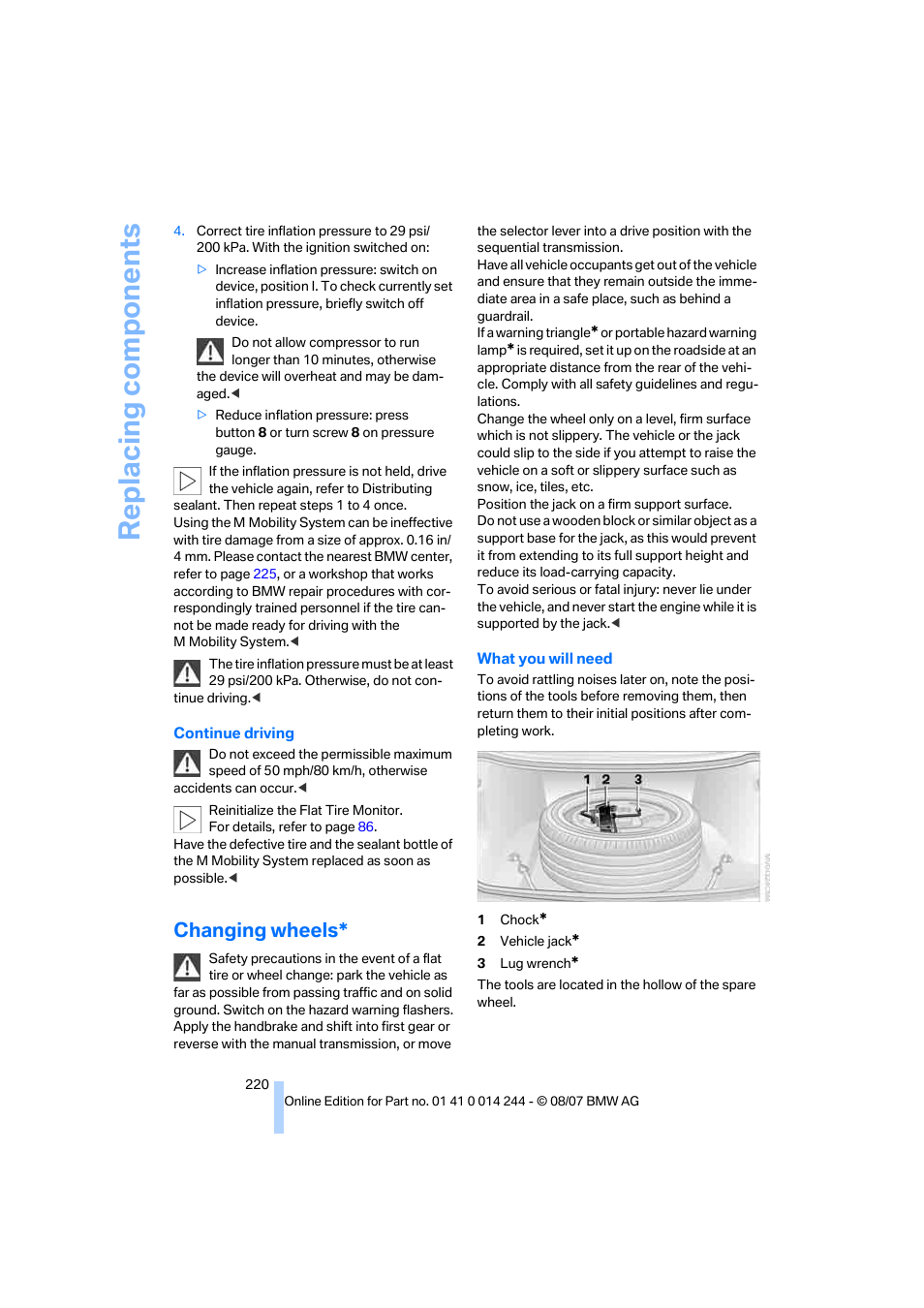 Changing wheels, Replacing components | BMW M6 Convertible 2008 User Manual | Page 222 / 262