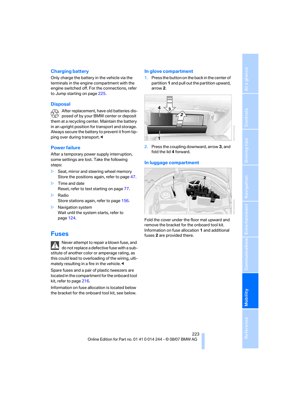 Fuses | BMW M6 Convertible 2008 User Manual | Page 225 / 262