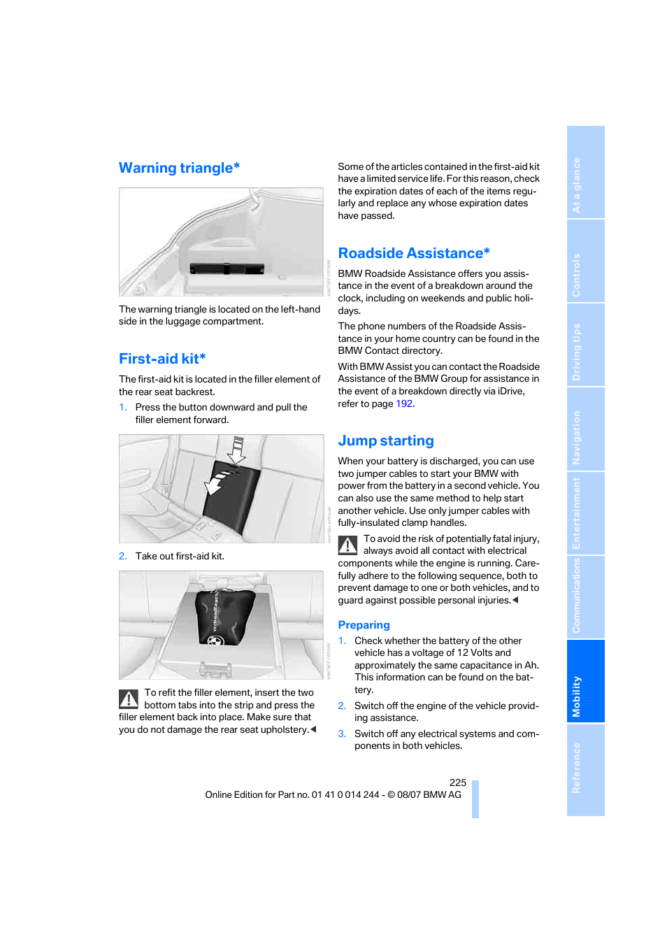 Warning triangle, First-aid kit, Roadside assistance | Jump starting | BMW M6 Convertible 2008 User Manual | Page 227 / 262