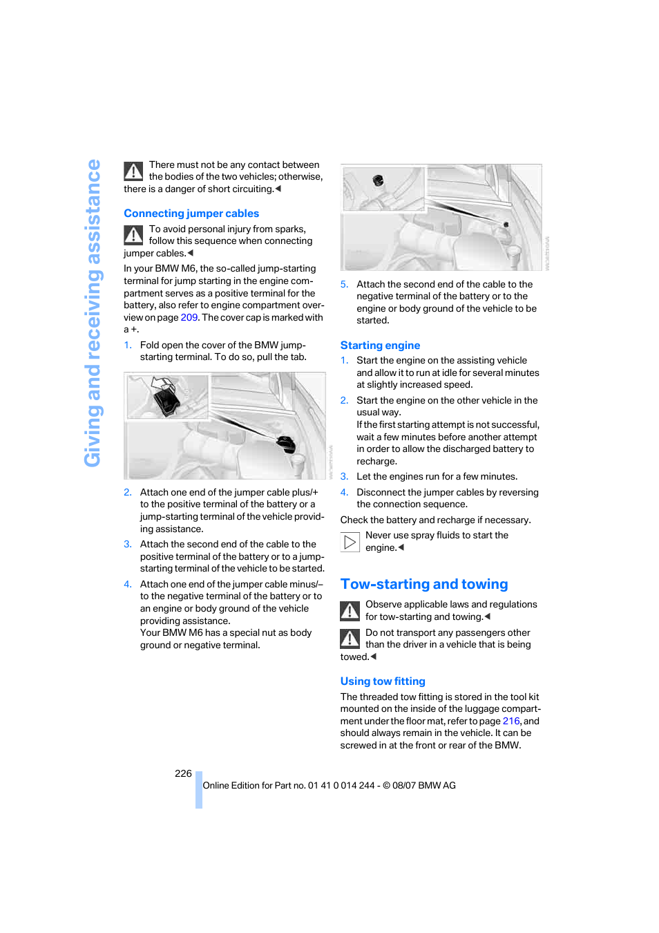 Tow-starting and towing, Giving and receiv ing as sistance | BMW M6 Convertible 2008 User Manual | Page 228 / 262