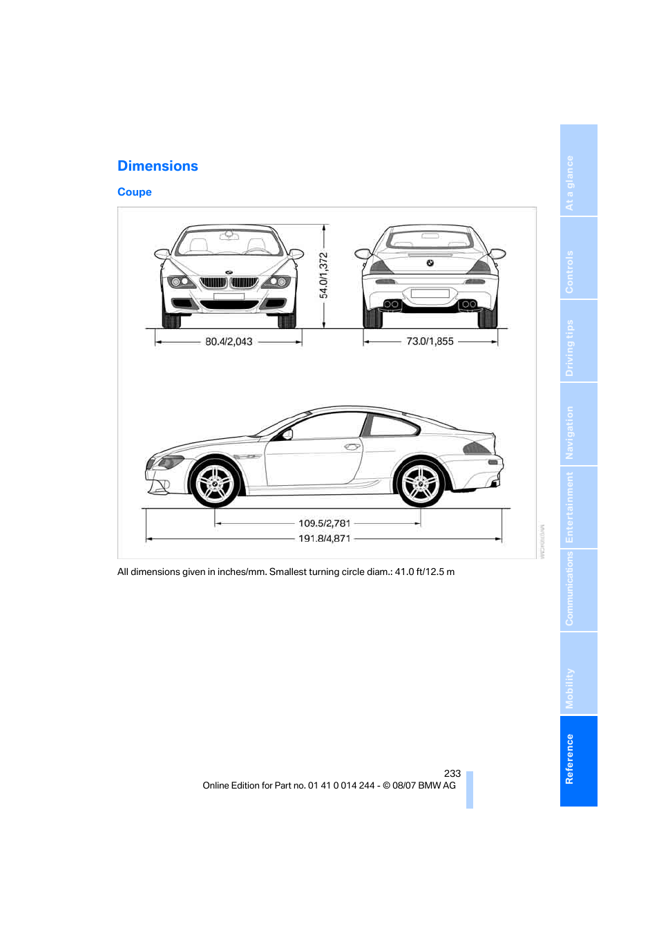 Dimensions | BMW M6 Convertible 2008 User Manual | Page 235 / 262