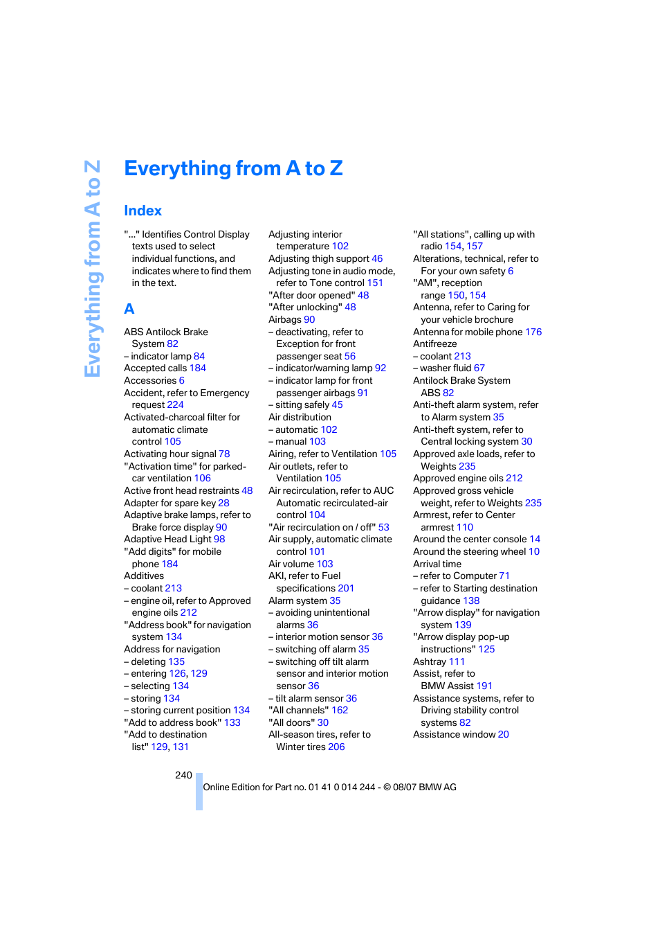 Everything from a to z, Index | BMW M6 Convertible 2008 User Manual | Page 242 / 262