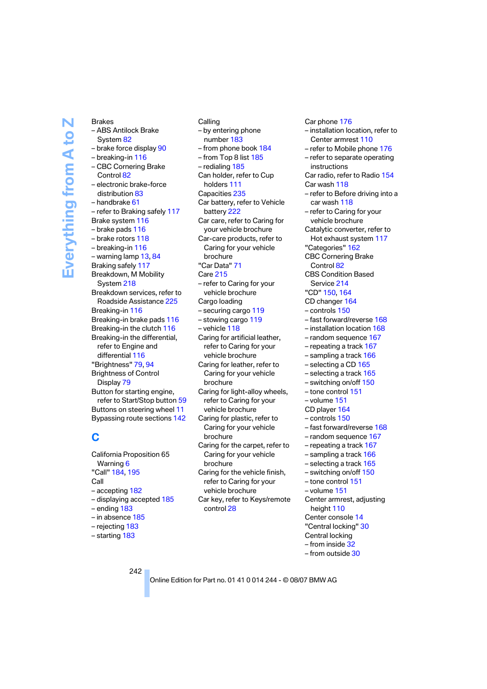 Everything from a to z | BMW M6 Convertible 2008 User Manual | Page 244 / 262