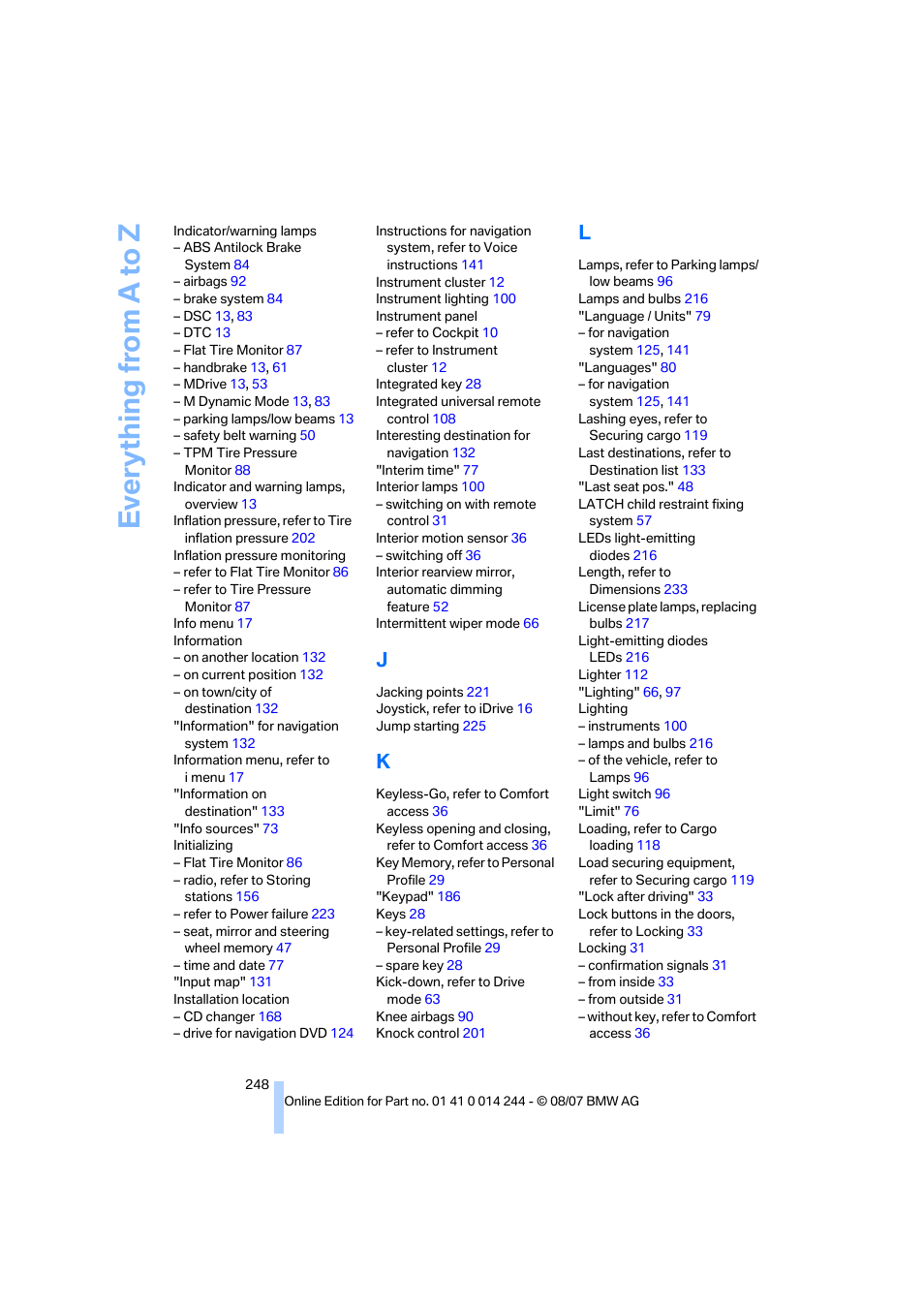 Everything from a to z | BMW M6 Convertible 2008 User Manual | Page 250 / 262